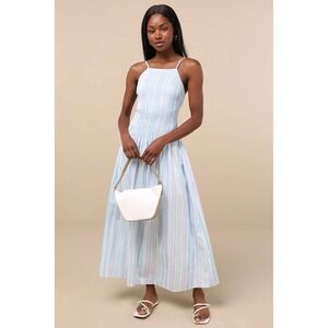 Lulus Jalessa Light Blue Multi‎ Striped Drop Waist Cotton Midi Dress Size Large